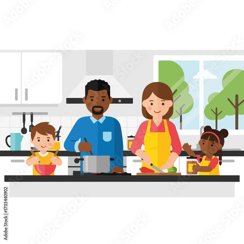 Family cooking together in kitchen with parent helping child with pot. Family cooking experience and slicing vegetables, promoting healthy habits, positive interaction and shared responsibility.