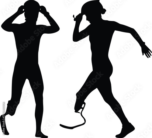 Silhouette of two amputee athletes one running and one preparing to run