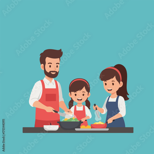 Family cooking together in kitchen, showcasing unity and love, captured in vibrant illustration. Family cooking activities create lasting memories, while dad cooks vegetables with daughter,