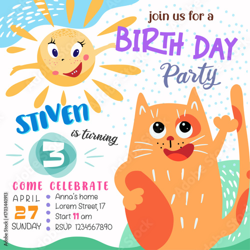 happy birthday invitation square  card with cute rude cat , creative vector illustration, decoration, celebration background template