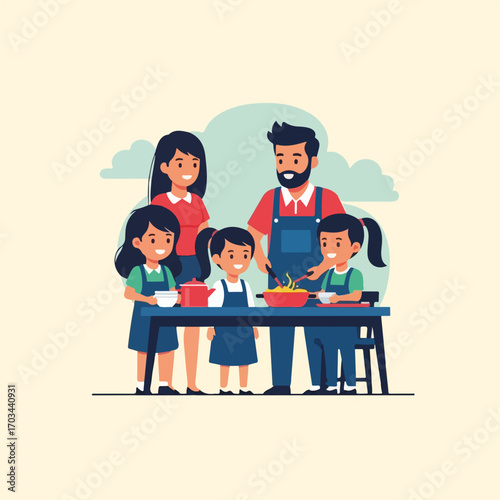 Family cooking scene showing parents and daughters preparing food together. Family cooking time is joyful, with everyone participating in preparing a family meal.