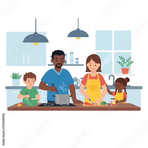 Family cooking in kitchen scene features multiethnic group. Family cooking together highlights food preparation with diverse family members collaborating in home kitchen,