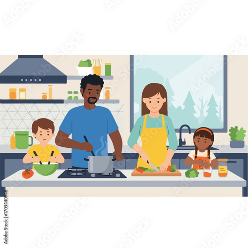 Family cooking scene in kitchen, with father stirring pot on stove and mother chopping vegetables. Family cooking is an activity for parents and kids, with everyone participating in preparing meal.