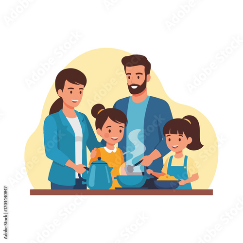 Family cooking together in kitchen preparing food for dinner with their children. This family cooking scene shows parents teaching kids how to cook, fostering family bonds and skills.