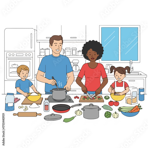 Family cooking together in bright kitchen with family cooking, enjoying time together preparing food. Family cooking is happy lifestyle moment with kids.