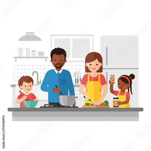 Family cooking together in kitchen with father stirring pot and mother chopping vegetables. Family cooking involves preparing healthy food with diverse ingredients and family bonding time.