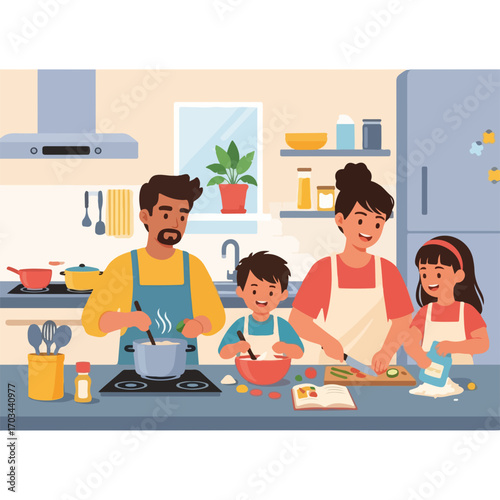 Family cooking with happy parents and children preparing food together in kitchen. Family cooking setup with a pot, chopping board, vegetables, and cookbook for learning.