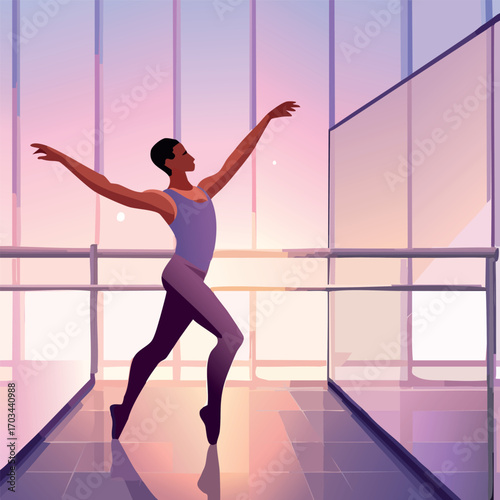 A graceful ballet dancer practices in a sunlit studio, arms extended, poised.