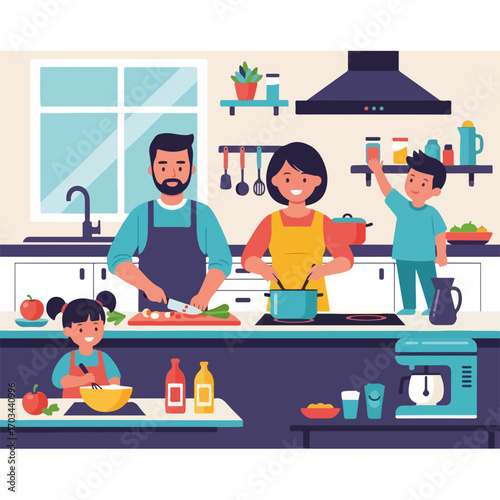 Happy family cooking together in kitchen with father chopping vegetables. Family cooking scene shows mother stirring pot on stove, children helping with preparations for meal.