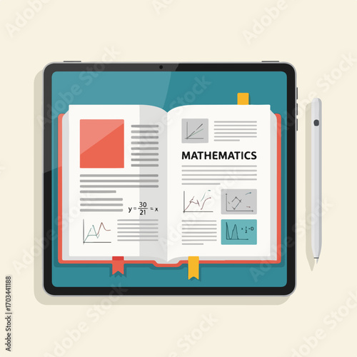 Study tablet with open book featuring mathematics graphs and equations, ideal for digital learning resources. Study tablet combines textbook and digital interface,