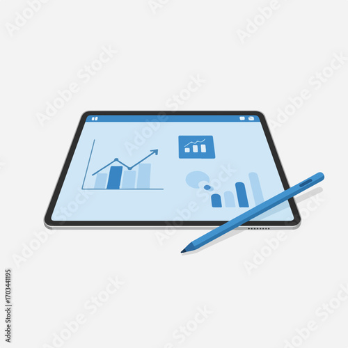 Study tablet displays business analytics and charts in light blue hues. Digital study tablet and pen for presentation of statistics and market trends on display.