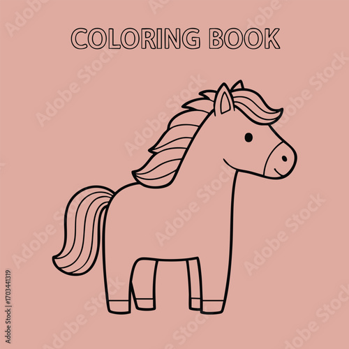 Cute simple cartoon horse illustration for a children's coloring book with outlined mane and tail on pink background