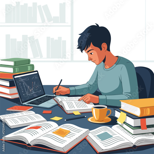 Laptop home workplace with open books and coffee on desk for young student doing home task. Laptop home environment helps with study and research, preparing for online course, and doing homework.