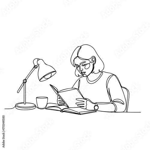 Line art illustration of woman reading book at laptop home, showcasing focused activity.