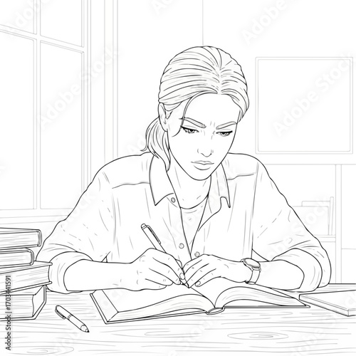 Woman at home working at laptop home with books. Study at home involves writing in book, laptop home on table and lamp. Laptop home is great for study, education, remote work, digital lifestyle.