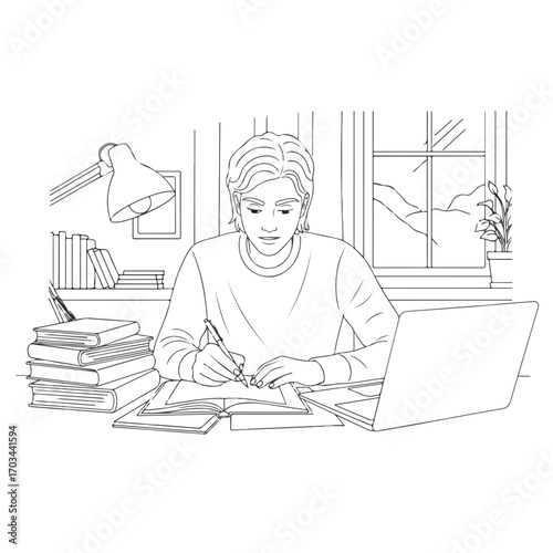 Studying home with laptop displays focused student completing assignments, textbooks nearby. Studying home environment creates space for learning, engaging student in academic pursuits.