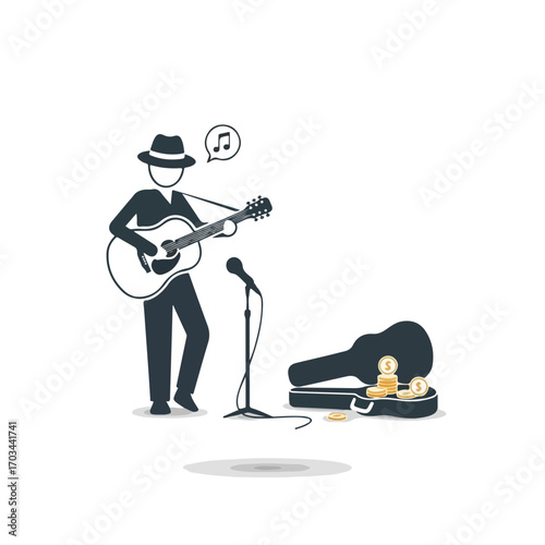 Street music performance by anonymous street artist with guitar and microphone. Street music is his hobby and craft, earning him money and tips. Using street music in ad for musical event.