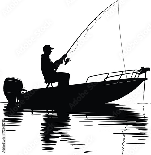 Fisherman casting rod from boat on water fishing rod