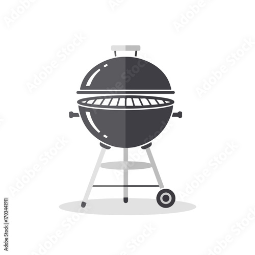 Charcoal grill in flat style for cooking outdoors and preparing barbecue. Charcoal grill features round shape, lid, and wheels.