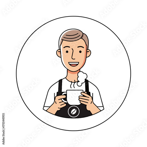 Smiling man holding coffee mug in portrait illustration. Man illustration shows a cheerful barista in uniform holding a steaming cup of coffee, his happy expression radiating warmth,