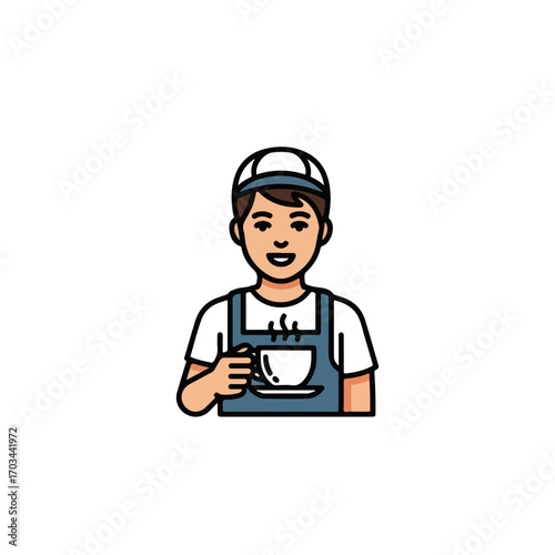 Cheerful barista icon with steaming cup. Barista character enjoys hot beverage in uniform cap and apron, holding teacup with steam, smiling broadly.