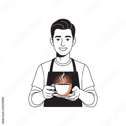 Cheerful barista holding coffee cup with steam, wearing apron, a delightful image. Smiling man offering aromatic coffee cup and saucer in his hands.