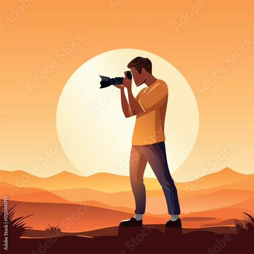 Silhouette of a man taking a photograph in a desert landscape at sunset.