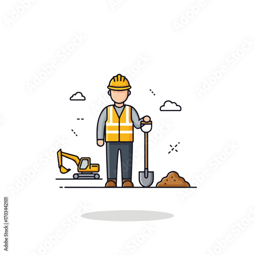 Construction worker graphic stands near excavator with shovel and pile of dirt, hard hat protects against risks. Construction worker is an essential job for industrial economy,
