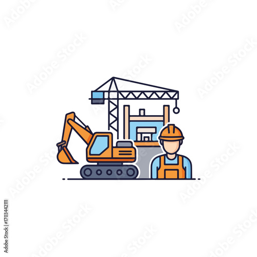 Construction worker with crane outline on white backdrop, Construction worker, excavator and crane present building site activity. Construction site requires expertise and specialized machines.