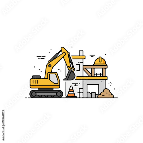Yellow excavator construction on white background depicting building site. Construction vehicle with cone, site with brick and hardhat represent complex process, hard work and teamwork.