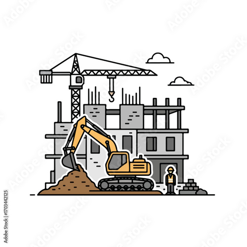 Construction site features excavator, crane, and building under construction. Construction site, with heavy equipment in operation, is a detailed illustration of ongoing development.