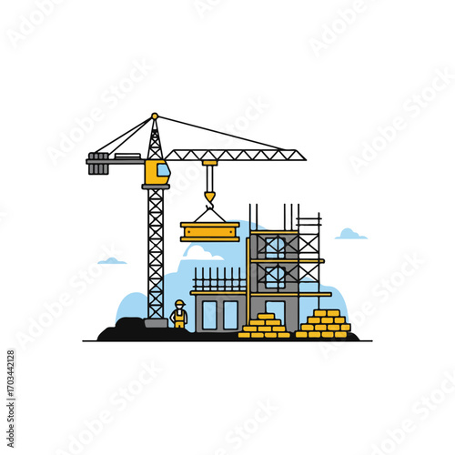 Construction site with crane and building under construction illustrates urban development, emphasizing progress in modern architecture.