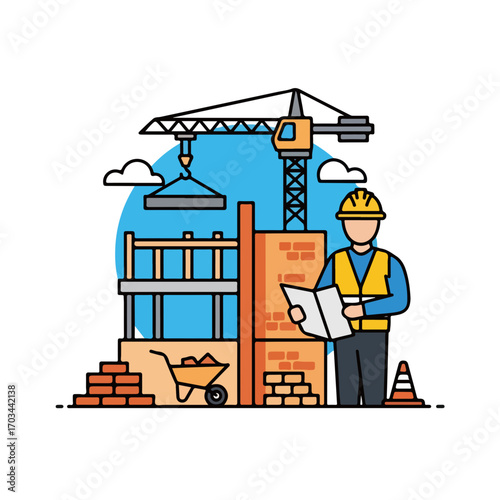 Illustration of construction site featuring worker with blueprint, crane, and brickwork. Construction site scene details elements like wheelbarrow with sand, construction site cone, and scaffolding.