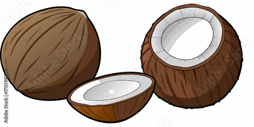 A realistic, high-resolution image of a coconut in different stages of being opened, placed on a clean white background. The image includes one whole brown coconut with a rough, fibrous shell; a half 