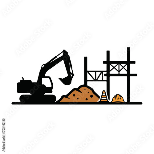 Excavator machine at construction site for building with scaffolding and pile of soil. Construction site machinery includes traffic cone and helmet next to unfinished construction.