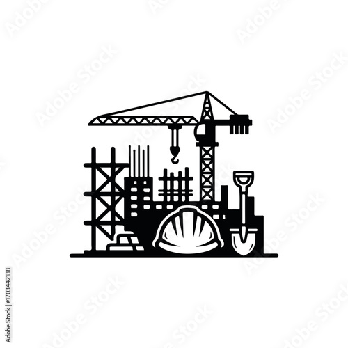 Construction site silhouette with crane and scaffolding. Building site complete with hardhat and shovel depicts progress and development.