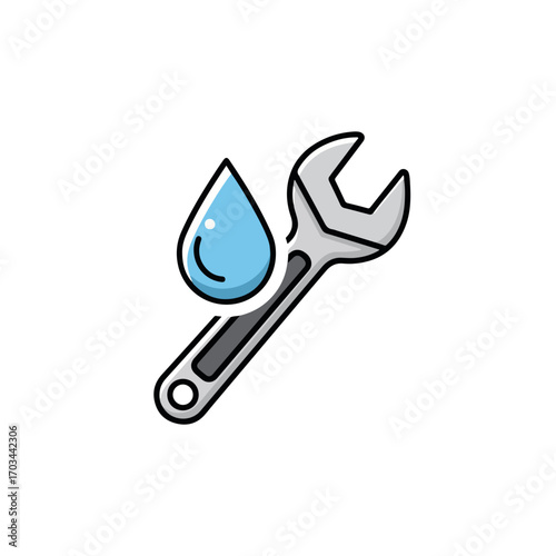 Wrench and water droplet icon depicting plumbing. Wrench and water element shows fixture repair service and water supply maintenance, representing an essential plumbing task.