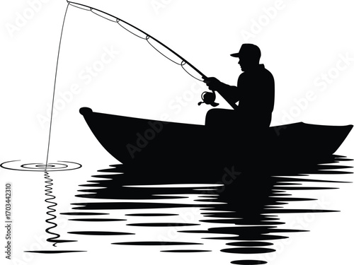 Silhouette of man fishing from boat water
