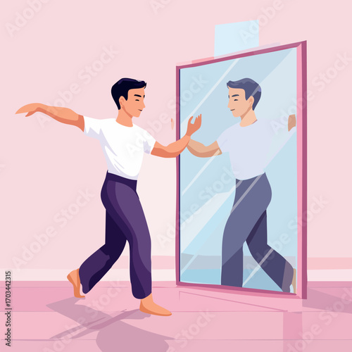 A man interacting with his reflection in a large mirror, exploring self-awareness and identity.