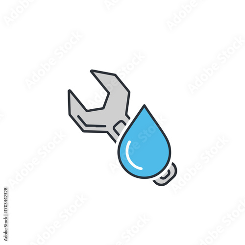 Water leak repair icon showing spanner and water droplet symbol for plumbing, water leak repair in homes and offices. Water leak repair requires professional maintenance,