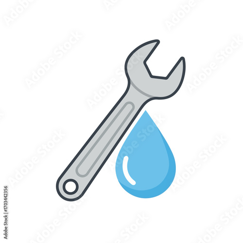 Wrench and water drop symbolizing plumbing services on white background, ideal for educational materials. Plumbing services icon represents repair and maintenance, demonstrating trade skills.