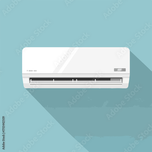 Air conditioner on pale blue wall in flat design. Interior air conditioner for comfortable living and working. Air conditioner concept suitable for ads and promotions.
