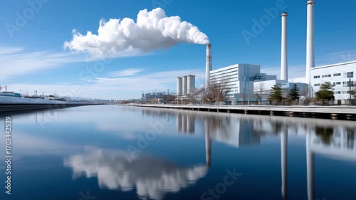 Industrial factory emitting smoke reflected in calm water under blue sky pollution