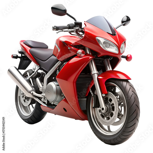 Shiny red sport motorcycle with silver exhaust and black seat on black background sportbike