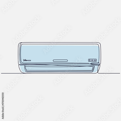 Air conditioner illustration in light blue, clean air conditioning shows cooling appliance in minimalist style. Home air conditioner provides comfortable temperature,