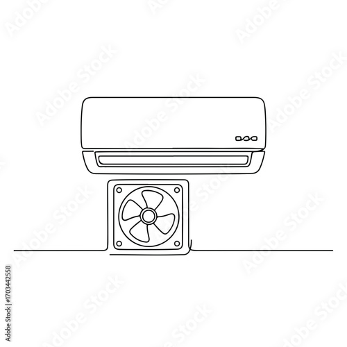 Air conditioning unit depicted with continuous line drawing on white backdrop. Air conditioning system includes an indoor unit and outdoor condenser coil,