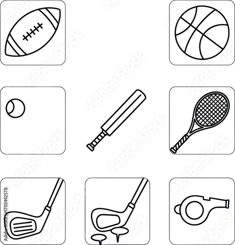 Set and line art vector icons for sports and recreational activities. Featuring symbols for football, basketball, cricket, tennis, and golf equipment.