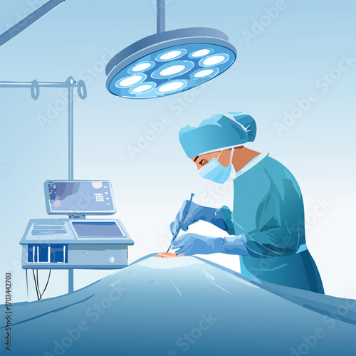 Vector illustration of a surgeon in a sterile operating room performing a medical procedure with precision under a surgical lamp