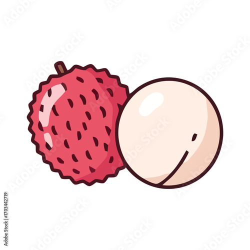 Fresh tropical lychee fruit illustration, showing the whole bumpy red skin and the sweet white pulp of a peeled litchi