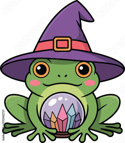 Adorable Frog Wizard with Crystal Ball on Transparent Background Vector Illustration